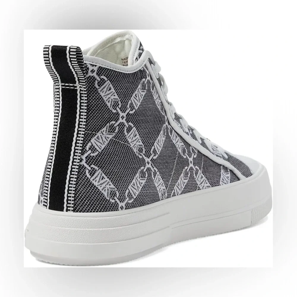 NEW Michael Kors Evy Empire Logo Jacquard High-Top Sneaker Blck/Optic White Sz 8